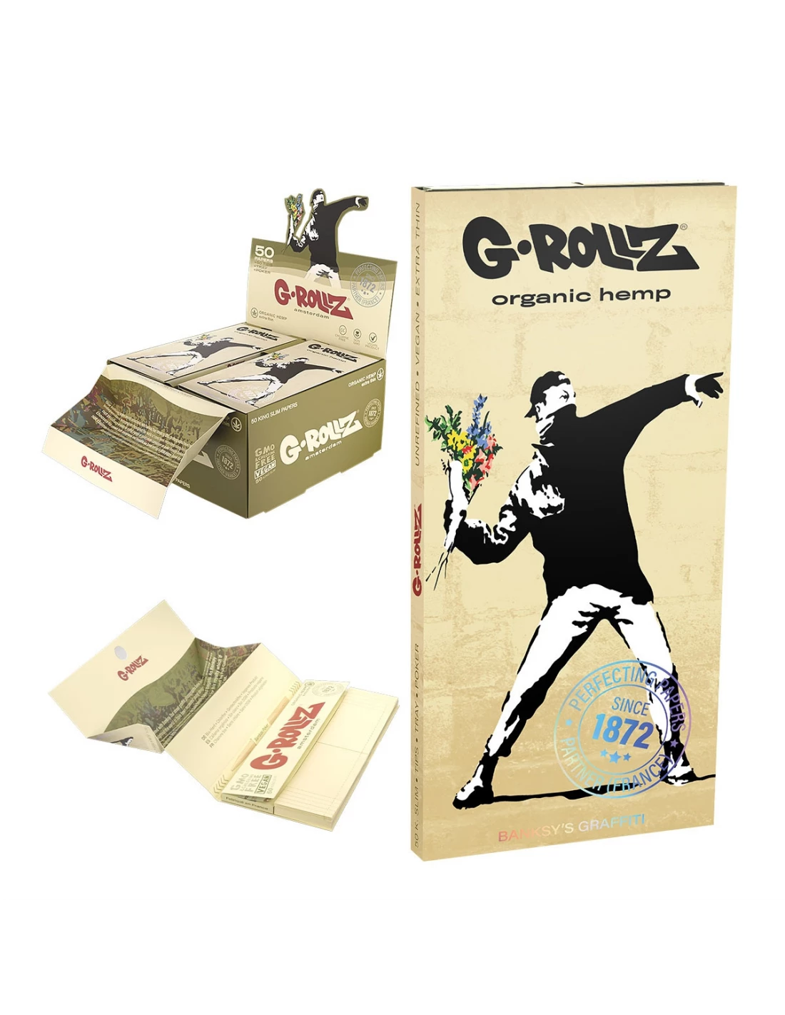 BANKSY'S GRAFFITI - 50 KS SLIM PAPERS + TIPS & TRAY - ORGANIC HEMP EXTRA THIN